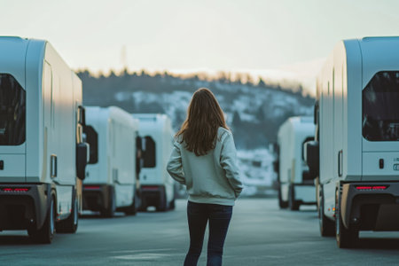 A woman walks among parked electric delivery trucks during sunset, surrounded by a calm and quiet atmosphere.の写真素材