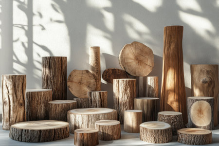Various wooden logs are carefully arranged in an indoor area, showing their unique textures and shapes.の写真素材