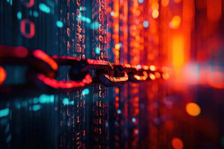 Digital elements create a vibrant backdrop with chain links symbolizing security and connection in technology.の写真素材