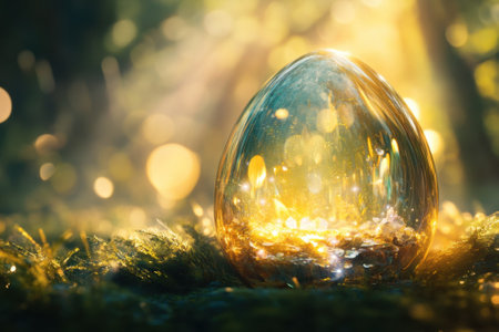 A translucent egg reflects sunlight in a serene forest setting, surrounded by lush greenery and glimmering light.の写真素材