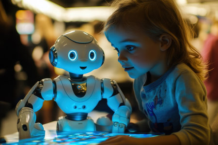 A young child engages with a friendly robot, exploring technology at a lively exhibition filled with visitors.の写真素材