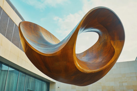 A large wooden sculpture gracefully arches above a modern architectural courtyard under clear skies.の写真素材