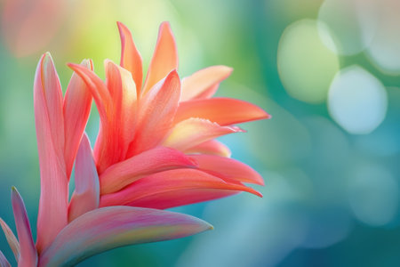 A stunning pink flower displays its soft petals in a vibrant setting of green and blue hues.の写真素材