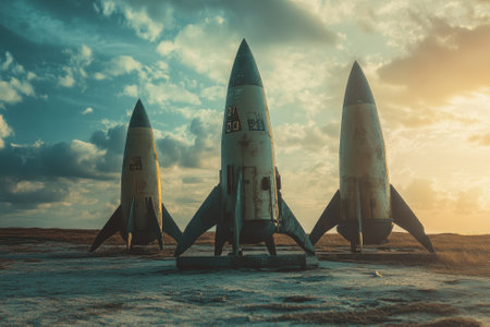 Three rockets stood ready on the launch pad as the sun sets, casting beautiful light across the landscape.の写真素材