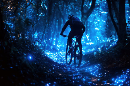 A mountain biker navigates a path in a dark forest, surrounded by glowing blue lights creating a magical atmosphere.の写真素材