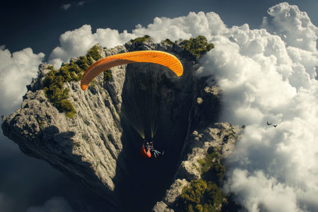 Adventurers glide through the clouds above a dramatic canyon, enjoying stunning views at dawn.の写真素材