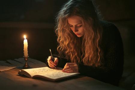 A woman with long curly hair writes intently in a notebook by candlelight in a dimly lit room.の写真素材