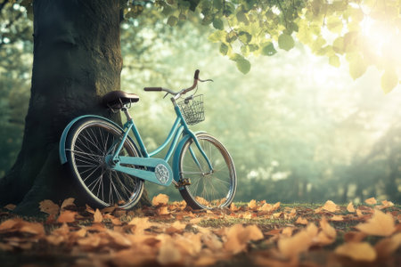 A vintage blue bicycle leans against a tree surrounded by colorful autumn leaves in a peaceful park setting.の写真素材