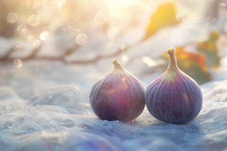 Two ripe figs sit gracefully on a tranquil surface, illuminated by gentle morning light and surrounded by nature.の写真素材