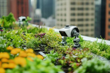 A robot is efficiently maintaining a lush rooftop garden filled with various plants and flowers in the city.の写真素材