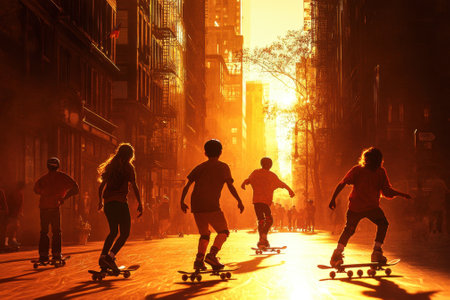 Children skateboarding down a city street, illuminated by the warm glow of the setting sun and shadows.の写真素材