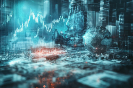 A dynamic representation of global finance shows stock market trends alongside a digital globe in a modern city.の写真素材