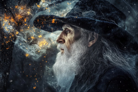 An elderly wizard with a long beard wears a dark hat while conjuring magic amidst swirling mist and sparks.の写真素材