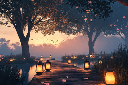 A serene wooden walkway is lined with glowing lanterns, surrounded by trees, as twilight casts a soft glow.の写真素材