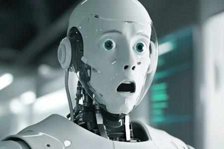 A humanoid robot with a shocked expression stands in a high-tech lab setting filled with digital screens.の写真素材