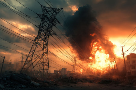 A massive explosion sends plumes of dark smoke into the sky above destroyed buildings at sunset.の写真素材