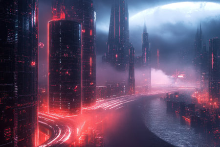 A vibrant city filled with towering buildings covered in neon lights at twilight. A large moon shines above.の写真素材