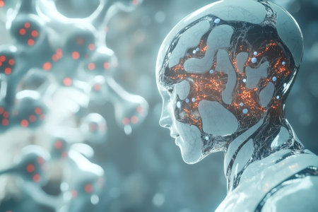 A humanoid figure made of glass-like materials reflects vibrant lights while observing abstract forms.の写真素材
