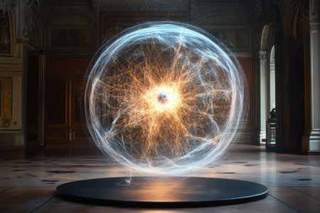 A glowing orb of energy radiates colorful sparks in a lavishly decorated hall during the evening.の写真素材