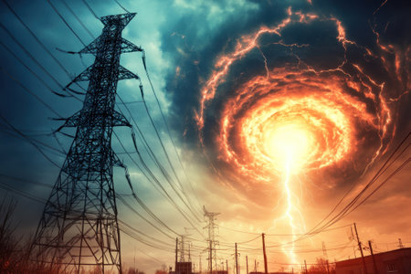 A dramatic electric storm features swirling clouds and intense lightning striking near power lines and towers.の写真素材