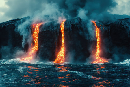 Molten lava cascades into the ocean, creating steam clouds and illuminating the dark waters at sunset.の写真素材