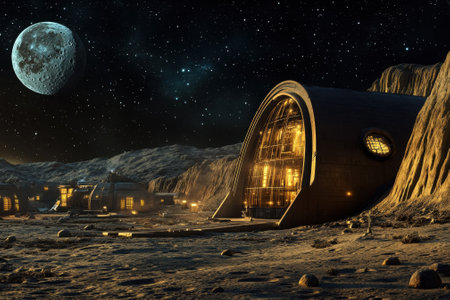 A lunar settlement glows under the expansive night sky, featuring futuristic architecture and a large moon.の写真素材