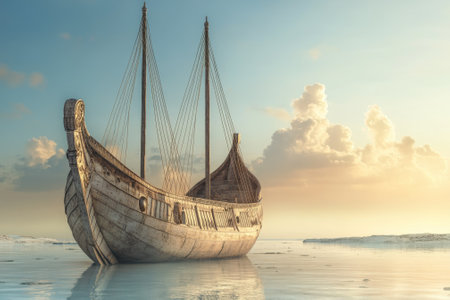 A classic wooden sailing ship stands still on serene waters at sunset, reflecting soft colors in the sky.の写真素材