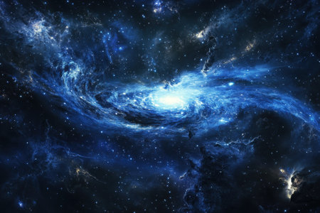A breathtaking spiral galaxy reveals vibrant blue colors against the dark backdrop of outer space.の写真素材