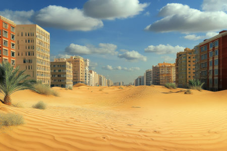 A desert landscape with tall buildings in the background shows the fusion of urban life and nature's beauty.の素材