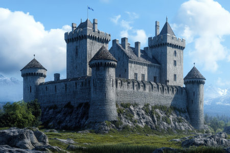 A grand medieval castle stands majestically against a backdrop of blue skies and mountains.の写真素材
