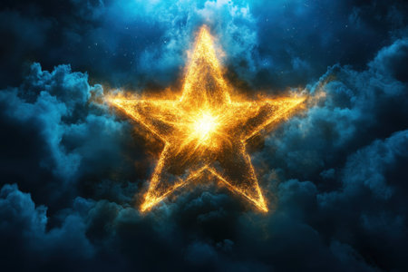 A luminous golden star emits radiant light amidst dark, swirling clouds under a night sky.の写真素材
