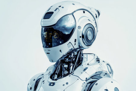 A highly detailed robot with a smooth exterior and advanced components stands against a light background.の写真素材