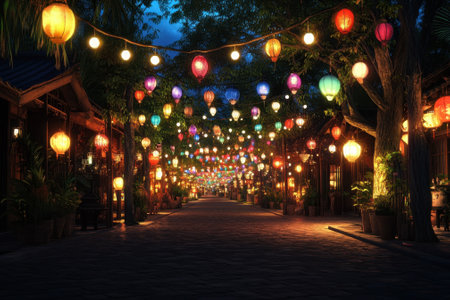 A vibrant street adorned with shining lanterns at night, creating a festive and inviting atmosphere.の素材