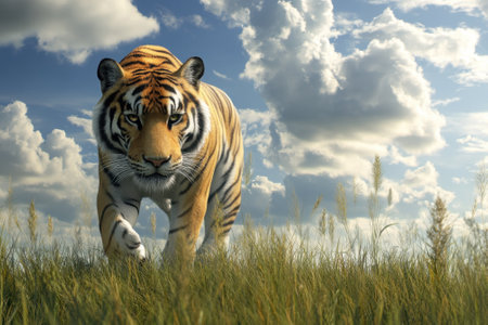 A tiger strides confidently on green grass beneath a vivid sky dotted with fluffy clouds.の写真素材