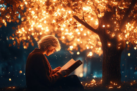 A serene moment unfolds as a person with glasses enjoys reading a book beneath a tree illuminated by warm lights.の写真素材