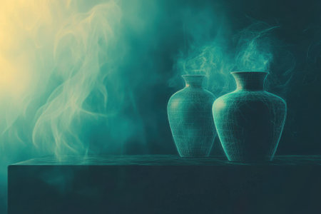 Two detailed ceramic vases sit on a table, surrounded by soft, ethereal smoke in a calm, twilight atmosphere.の写真素材
