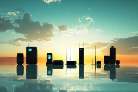 Telecommunications equipment creates a striking silhouette as the sun rises above a tranquil water surface.の写真素材