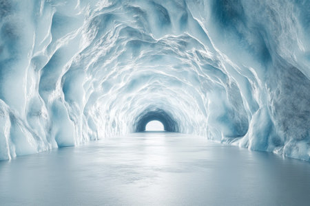 The vast ice cave features textured ice formations and a luminous opening at the far end, reflecting tranquility.の写真素材