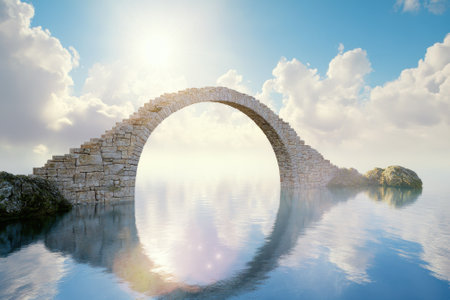 A majestic stone bridge rises above tranquil waters, surrounded by serene rocks under a bright sky.の写真素材