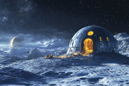 A glowing lunar habitat stands on a desolate landscape, surrounded by stars and distant celestial bodies.の写真素材