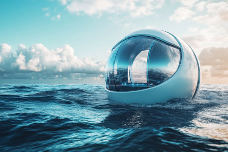 A sleek underwater habitat is gently bobbing in the water as the sun sets, casting warm hues.の写真素材