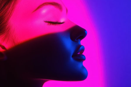 A profile view showcases a person's face illuminated by vibrant purple and pink lights, emphasizing features.の写真素材