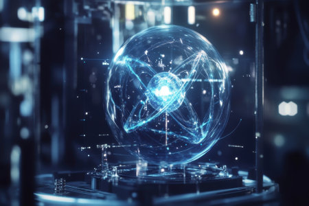 A luminous sphere illustrates atomic bonds with energy waves in a sleek laboratory environment.の写真素材