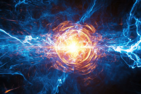 A display of electric energy in striking blue and orange colors creates a dynamic, swirling pattern.の写真素材