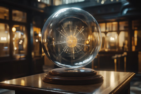 A detailed orb showing atomic structure remains on a wooden table in a historical science lab, softly illuminated.の写真素材