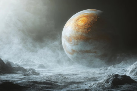 A vast, fog-laden terrain extends beneath the giant planet, creating an eerie and otherworldly atmosphere.の写真素材