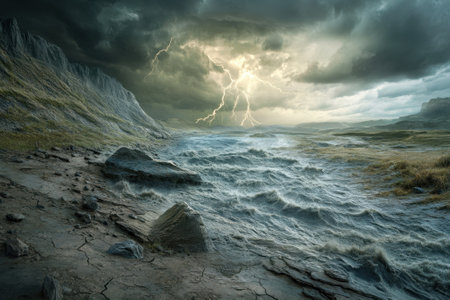 Lightning illuminates a dark sky above turbulent waters, revealing a dramatic rocky shoreline during a storm.の写真素材