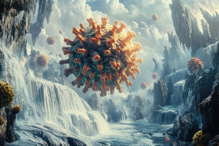 A vibrant, surreal landscape shows floating viruses above waterfalls, surrounded by rocky cliffs and misty clouds.の写真素材