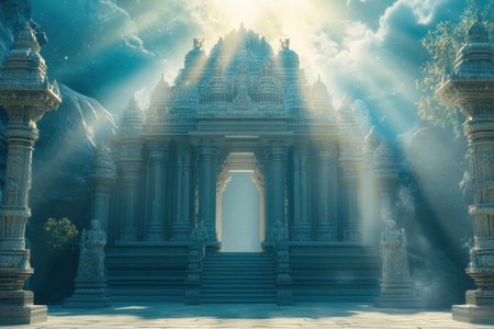 Rays of sunlight cascade through the clouds onto the detailed temple, creating a captivating atmosphere.の写真素材
