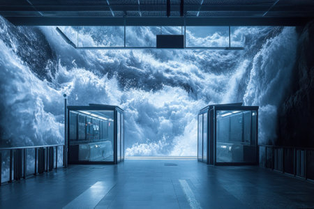 A striking mural of crashing ocean waves fills the walls of a modern subway station, creating an immersive experience.の写真素材